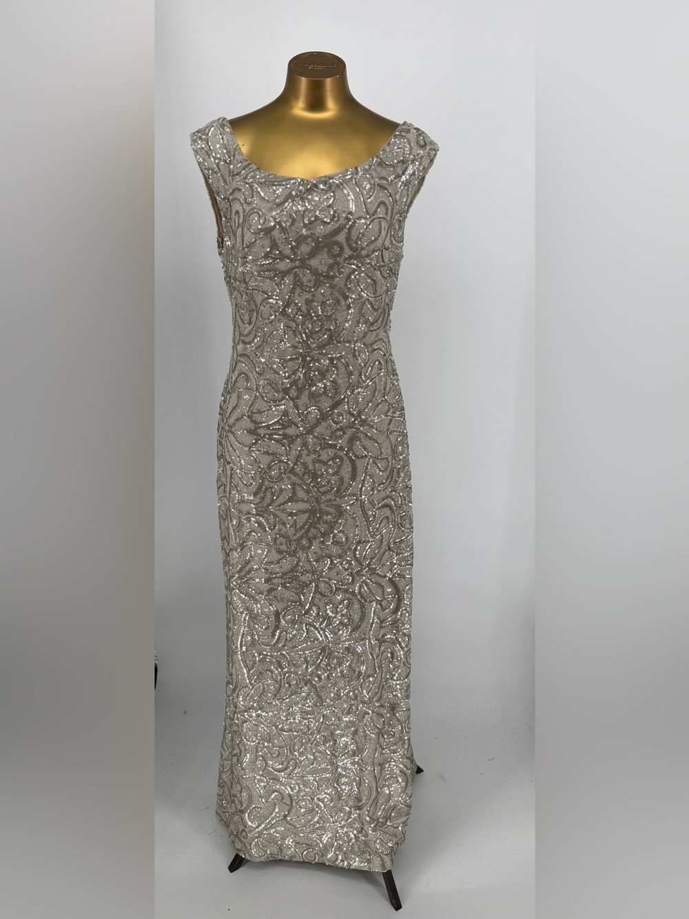 Lauren Ralph Lauren Champagne Silver Sequin Beaded Maxi Evening Dress Size 14